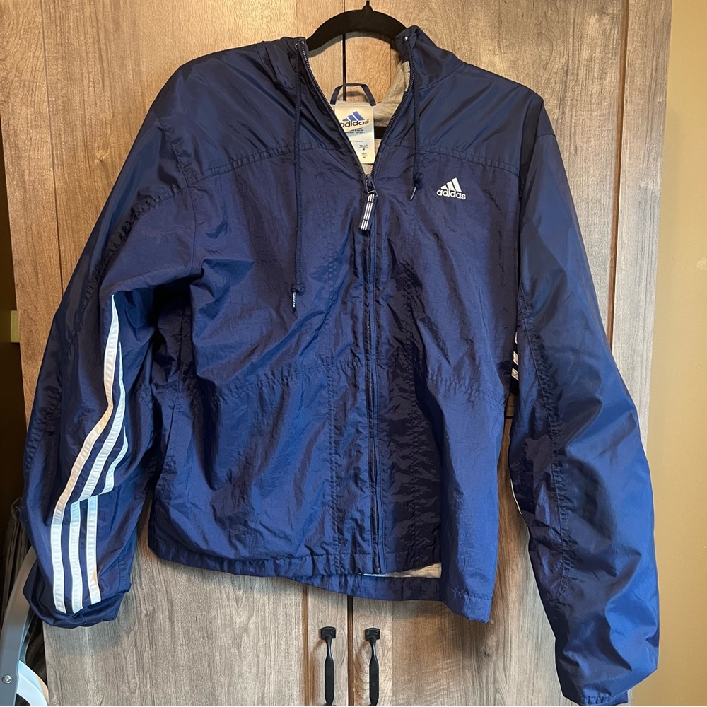 Vintage Adidas Navy Raincoat/Windbreaker with White Stripes